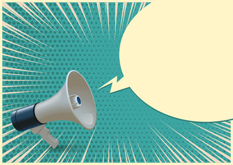 Blue and white realistic megaphone and blank speech bubble isolated on azure pop art background. Vector 3d bullhorn illustration.