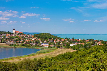 Fototapeta na wymiar Beautiful travel background for Lake Balaton with Tihany abbey and the inner lake viewed from the geysers