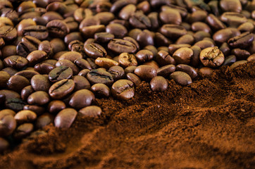 Background of ground coffee and coffee beans. Top view.