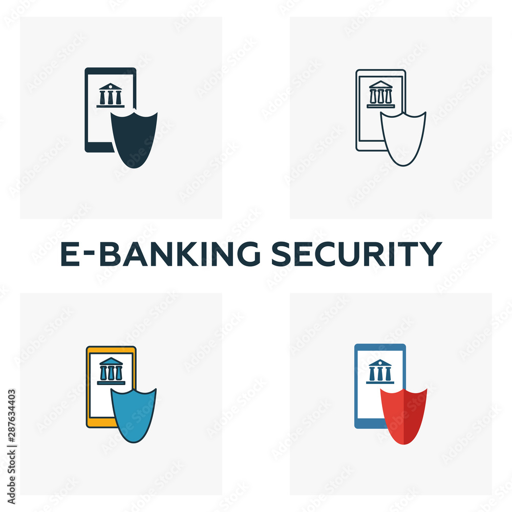 Poster e-banking security icon set. four elements in diferent styles from fintech icons collection. creativ