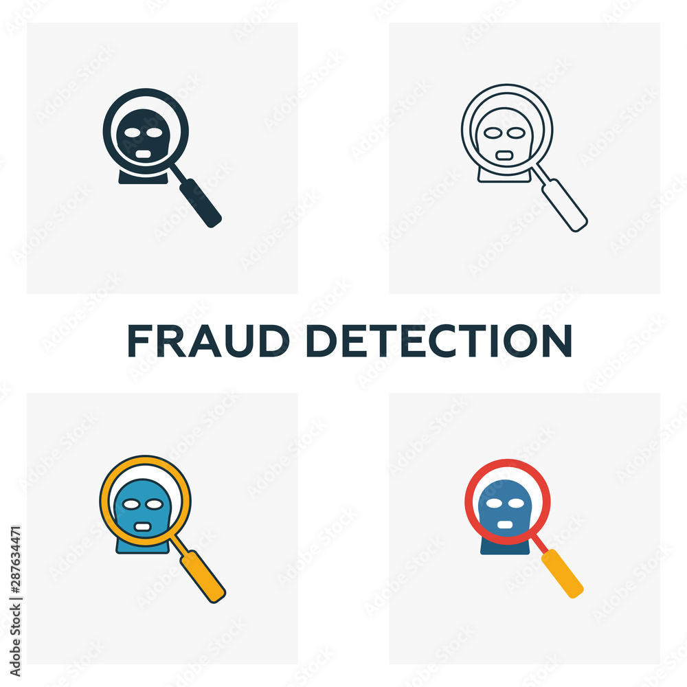 Poster fraud detection icon set. four elements in diferent styles from fintech icons collection. creative f