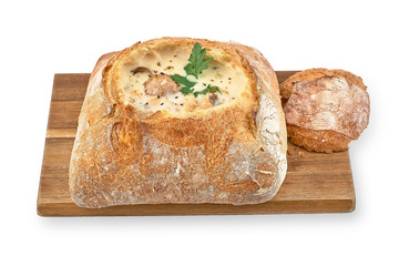 Cream soup of mushroom cream soup, served in bread bowl, delicious food