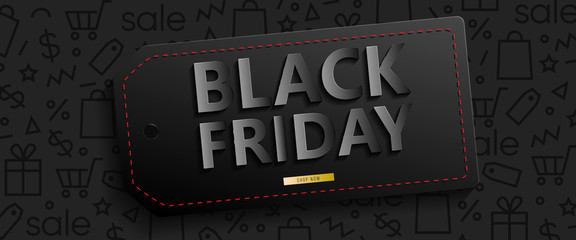 Black horizontal banner for sales on Black Friday. Black friday 3d text. Vector banner for shop, web, store, business and other. Vector EPS 10