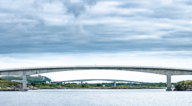 The transportation arc bridges - typical in Norway between small islands. Photo taken between North and South Heroy Islands, Donna, Northern Norway