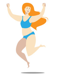 Thick girl in a blue bathing suit jumps. Vector illustration on the theme of bodypositive.