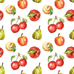 Watercolor fall seasonal fruits seamless pattern. Apples and pears, isolated on white background. Healthy food art print. Autumn harvest illustration.