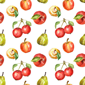 Watercolor fall seasonal fruits seamless pattern. Apples and pears, isolated on white background. Healthy food art print. Autumn harvest illustration.
