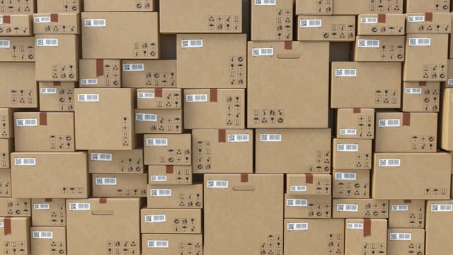 Beautiful Abstract Cardboard Boxes Wall Endless. Barcode and QR Code on Parcels. Looped 3d Animation of Boxes for Delivery, Storage and Transportation Concept. 4k Ultra HD 3840x2160.