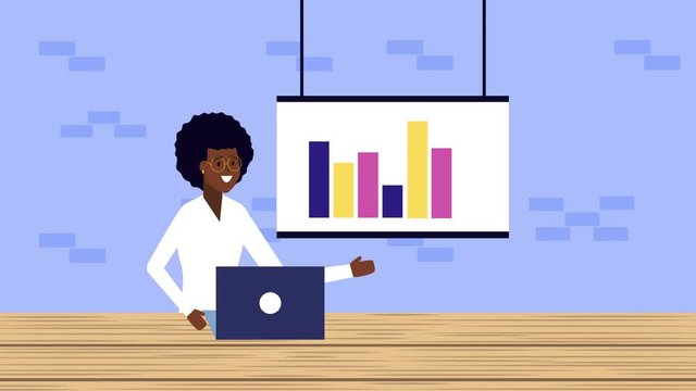afro businesswoman using laptop with statistics animation