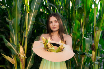 Fototapeta premium Beautiful girl in yellow dress holding a hat with corn on the background of a corn field. Selective focus on corn