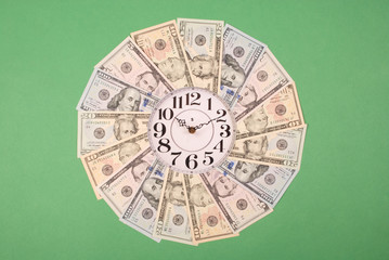Concept of clock and dollar. Clock on mandala kaleidoscope from money. Abstract money background...