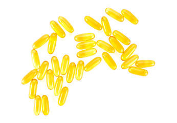 Fish oil capsules isolated on a white background, top view.