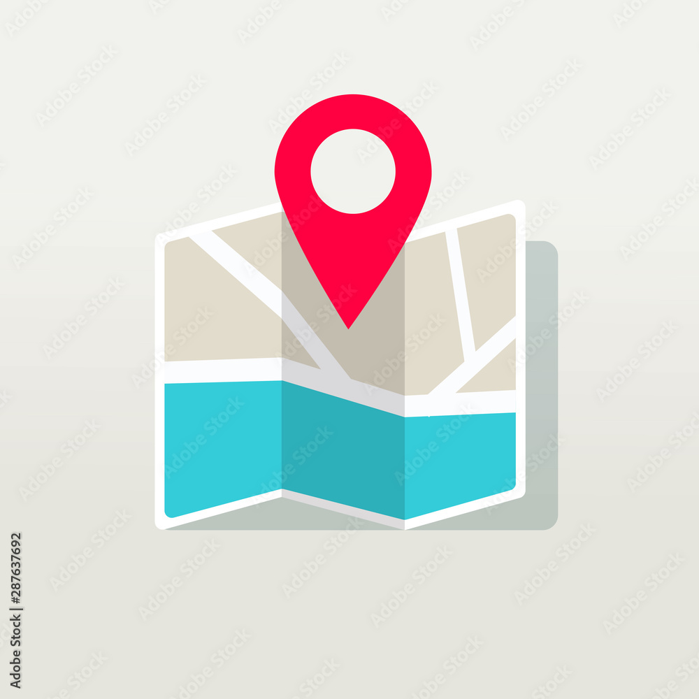 Poster travel direction place on map marked with pointer symbol vector illustration, flat cartoon map desti