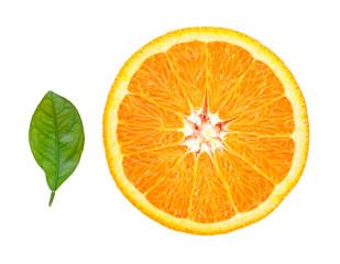 Orange slice and orange leaf isolated on white background, top view. Vitamin C, Detox conception.