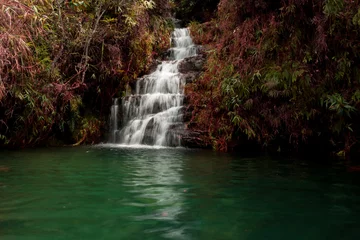 Fotobehang cascada con lago de agua de tonos verde © ALFONSO