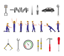 mechanic shop bundle of tools and workers