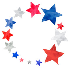 Isolated watercolor illustration of white, blue and red stars set decor circle frame for Independence day, July 4th