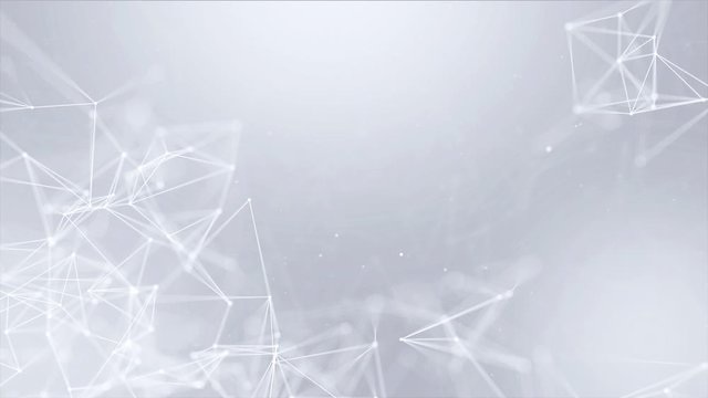 Abstract background with connecting dots and lines. Distribution of triangular shapes in space. Big data. Network connection structure. 3D Business Presentation Seamless Loop Background.