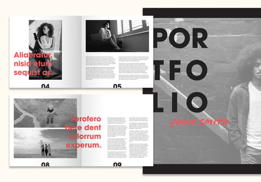 Square Black and White Portfolio Layout with Red Script Accents