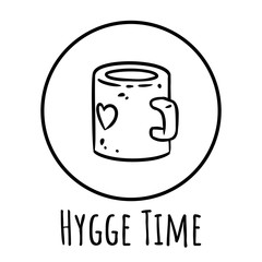 Cute cartoon mug doodle image. Hygge time logo. Media highlights graphic symbol