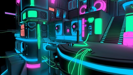 Bright neon nigth in a futuristic city. 3D illustration in a style of cyberpunk. Modern techno wallpaper. Cyber future.