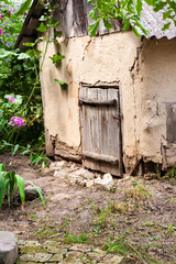 Old cob goat house with wooden door in countryside garden