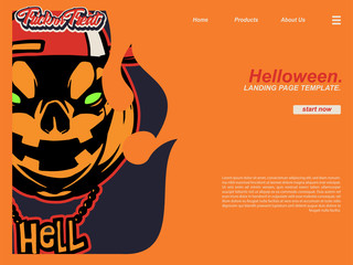 cartoon halloween hell scene with pumpkin wearing snap back and hell name necklace. landing page website design template, background and banner