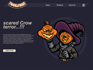 halloween scene with pumpkin and scared crow wearing witch hat and gloves. landing page website design template, background and banner