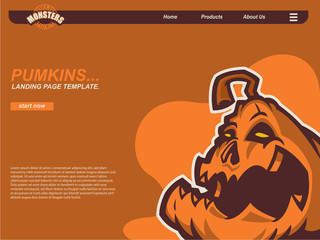 halloween scene by cartoon illustration with smiling pumpkin . landing page website design template, background and banner