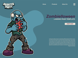 halloween cartoon scene with an old standing zombie eating brain. landing page website design template, background and banner