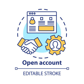 Open Bank Account Concept Icon. Savings Idea Thin Line Illustration. Striking Deal, Signing Agreement With Banking Company. Starting Partnership. Vector Isolated Outline Drawing. Editable Stroke