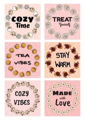 Set of tasty cozy banners with cups of coffee and tea. Hand drawn cartoon style postcards, cute wreath design