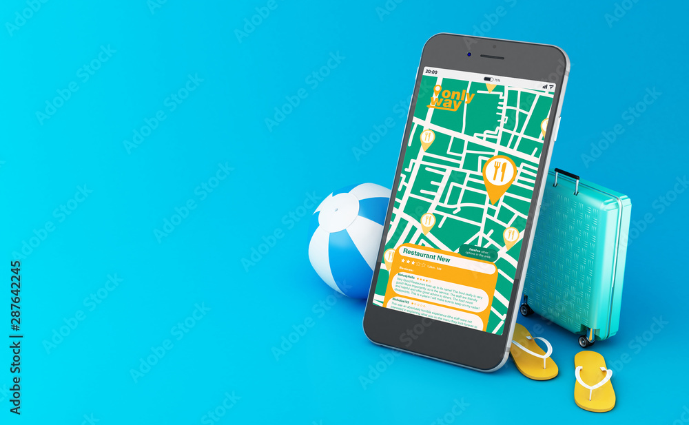 Poster 3d smartphone showing gps map navigation app to find a restaurant