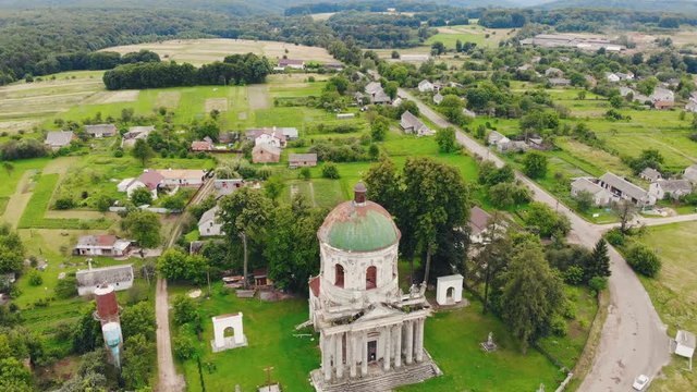 Catholic church located in the village Pidgirci (Lviv region, Ukraine), aerial view of Old Catholic church