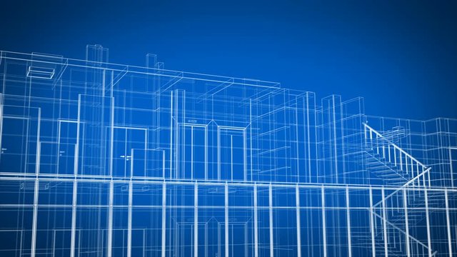 Abstract Beautiful Building Process of Skyscraper Blueprint Grid Seamless. Looped 3d Animation of Growing Construction Progress Modern Building in Lines Structure. 4k Ultra HD 3840x2160.
