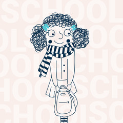 Vector illustration of a girl with a backpack. Childrens drawing. Time to go to school. Day of Knowledge. Simple style. Minimum colors. Web design, printing in children s books.