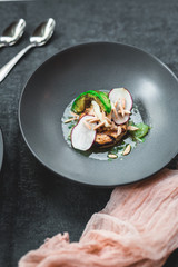 Swordfish with Grilled Avocado, Radishes, and Slivered Toasted Almonds, Fine dining