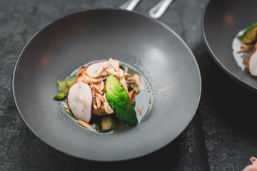 Swordfish with Grilled Avocado, Radishes, and Slivered Toasted Almonds, Fine dining