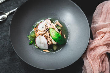 Swordfish with Grilled Avocado, Radishes, and Slivered Toasted Almonds, Fine dining