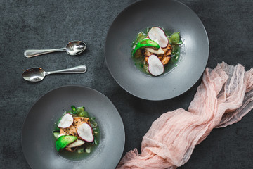 Swordfish with Grilled Avocado and Radishes, Fine dining