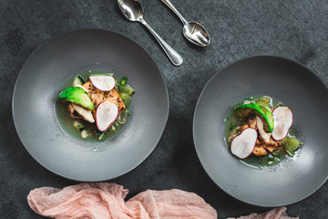 Swordfish with Grilled Avocado and Radishes, Fine dining