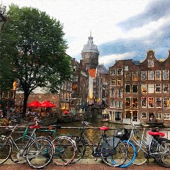 Naklejka na ściany i meble Oil painting modern art Amsterdam, Netherlands. Wall poster and canvas contemporary drawing print. Touristic postcard and stationery design. Europe beauty travel scene, historical buildings and place.