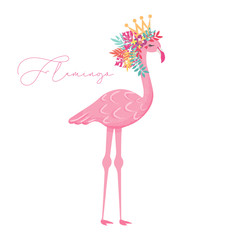 Cute flamingo with flowers hand drawn illustration for kids fashion artworks, greeting cards