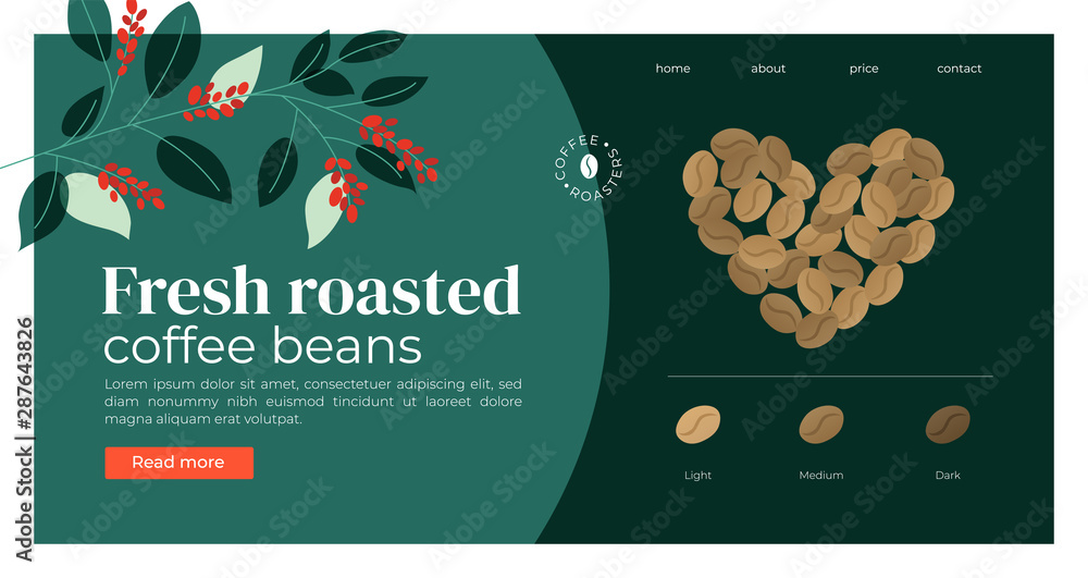 Wall mural website template for coffee roasters company. heart shaped coffee beans. infographic with degree of 
