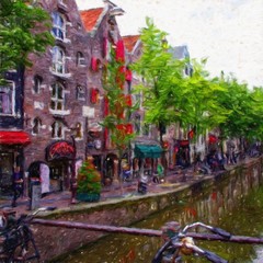 Fototapeta na wymiar Oil painting modern art Amsterdam, Netherlands. Wall poster and canvas contemporary drawing print. Touristic postcard and stationery design. Europe beauty travel scene, historical buildings and place.