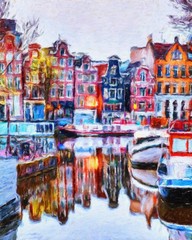 Oil painting modern art Amsterdam, Netherlands. Wall poster and canvas contemporary drawing print. Touristic postcard and stationery design. Europe beauty travel scene, historical buildings and place.