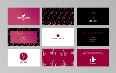Big set of wine store and restaurant visiting cards. Modern and retro business card templates. Black, white and wine red vector illustration