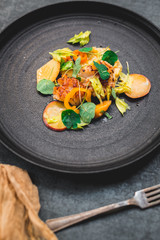 Grilled scallops, ripe and unripe peach, nasturtium leaves, celery
