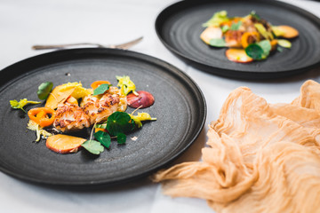 Grilled scallops, ripe and unripe peach, nasturtium leaves, celery