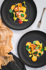 Grilled scallops, ripe and unripe peach, nasturtium leaves, celery